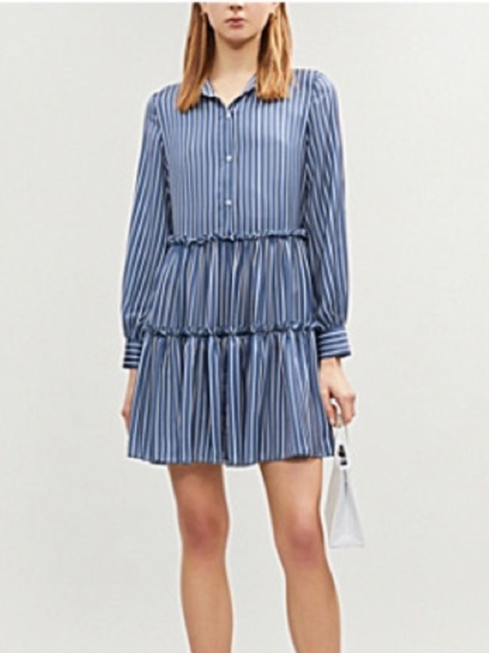 Maje Blue and White Striped Tiered Long-Sleeve Shirt Dress